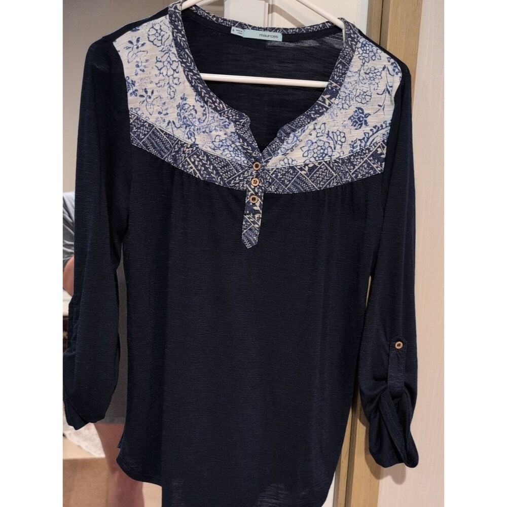Maurices Navy and White Floral Yoke Henley Blouse